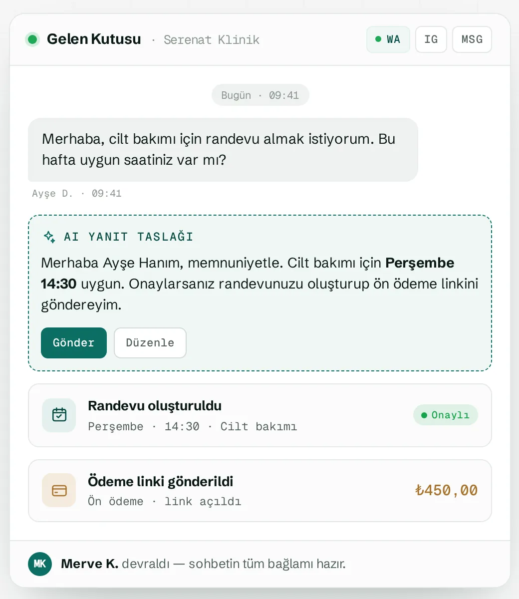 QozmoCRM shared inbox with a WhatsApp message and an AI-drafted reply